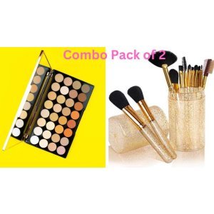 Combo of Makeup Pro Hd Palette and Soft Synthetic Fibres Bristle Makeup Brush Set With Storage Barrel- Shiny Gold